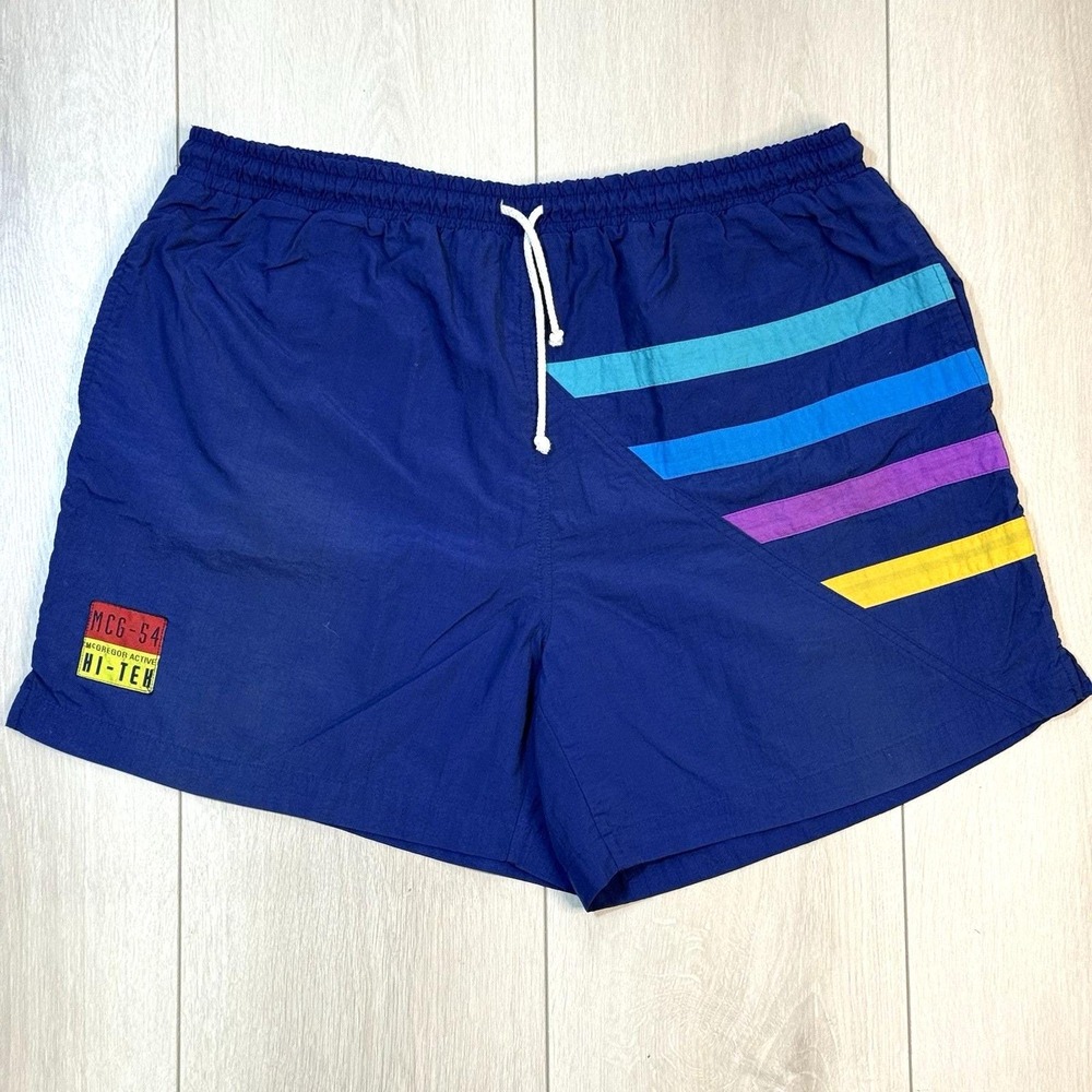 VTG McGregor Active Hi-Tek Swim Shorts‎ XL Navy Rainbow Stripe 90s Surf